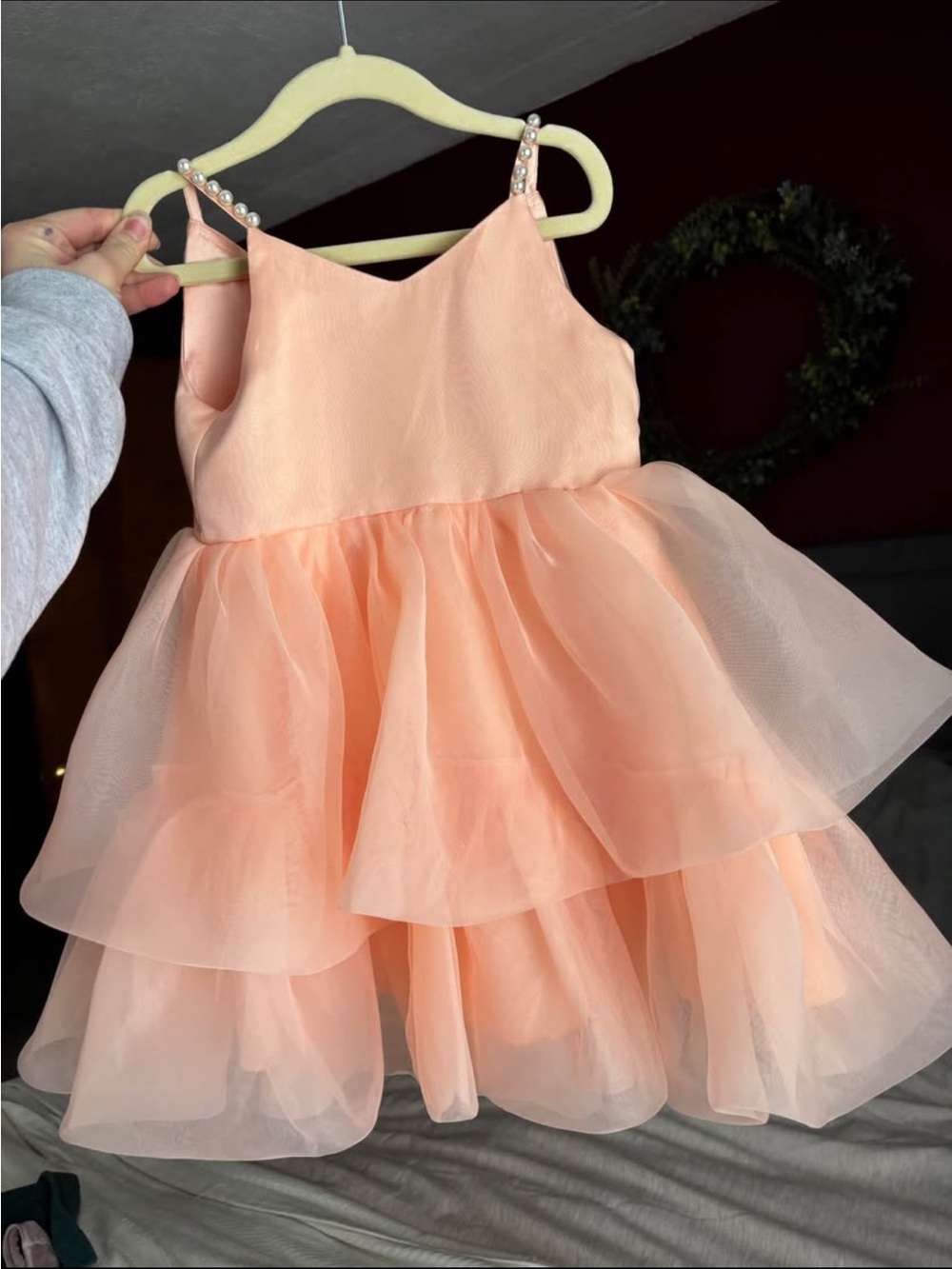 JJs House Peach Pearl-Strap Layered Tulle Flower Girl Dress